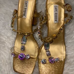 Cape Robbin Gold Jeweled Block Heel Sandals